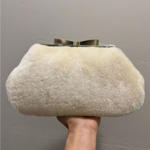 Cream Real Shearling Leather Handmade Bowknot Kisslock Clutch/Wristlet/Crossbody - Picture 3 of 14